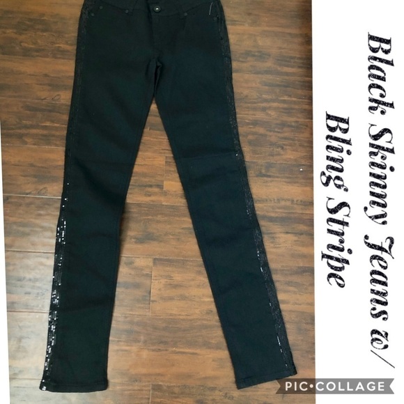 Black Skinny Jeans w/Bling Jogger’s Stripe - Picture 1 of 3